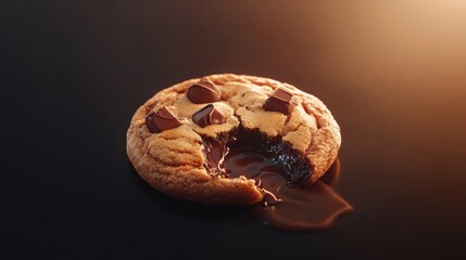 Cookie with gooey chocolate center revealed from a bite, crispy edge, transparent cut-out for food design use