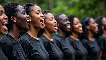 Side Profile of a Diverse African American Choir Singing Outdoors with Joyful Expressions in Black Shirts
