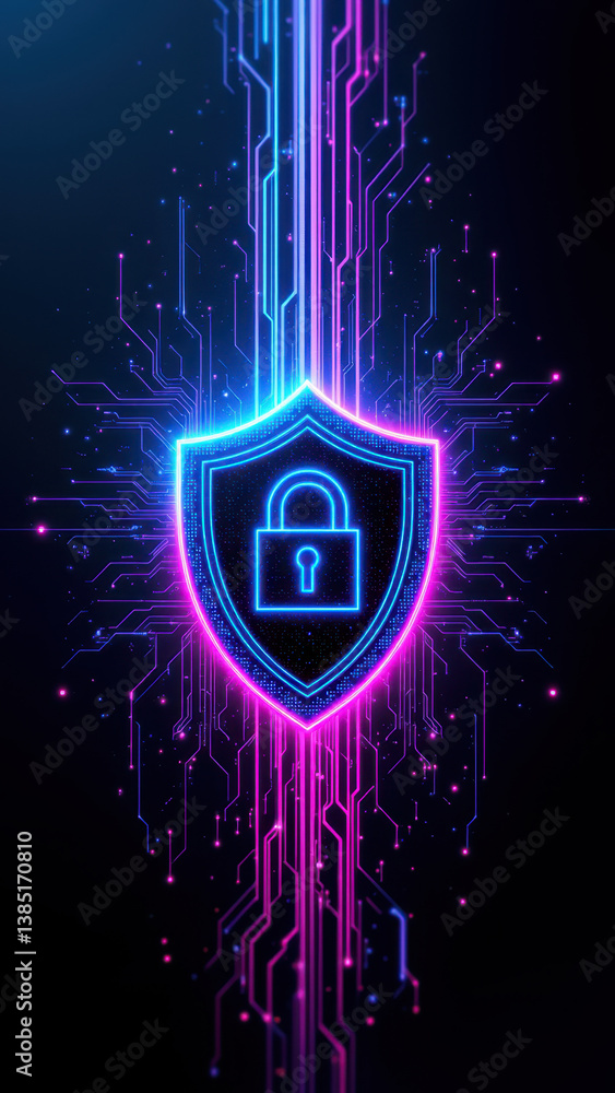 Poster a digital art representation of an internet security shield with neon-colored cybernetic patterns in