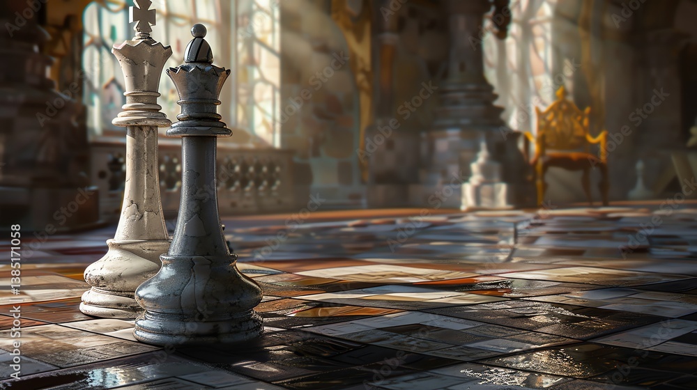 Poster 3d rendering of a chessboard with white and black chess pieces. the chessboard is made of reflective