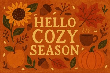 Autumn greeting with leaves, pumpkin, sunflower, acorns, and coffee on brown background