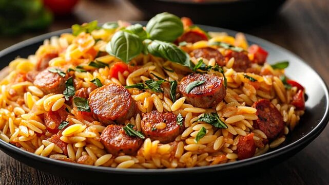 Delicious Orzo Pasta with Sausage and Tomatoes, Ready to Eat, Appealing Plate of Food, Suitable for Restaurant or Culinary Blog, Possible Usage