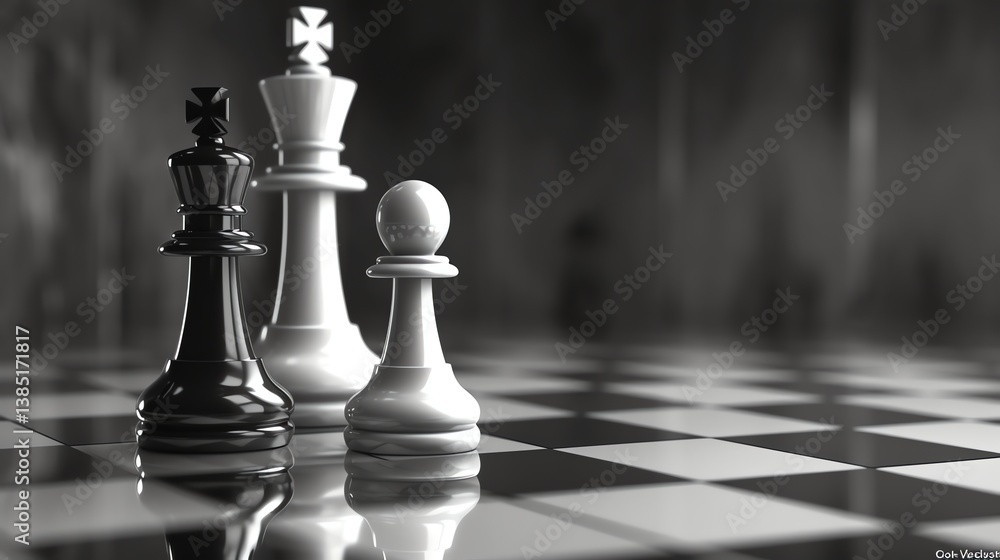 Poster 3d rendering of a chessboard with black and white chess pieces.