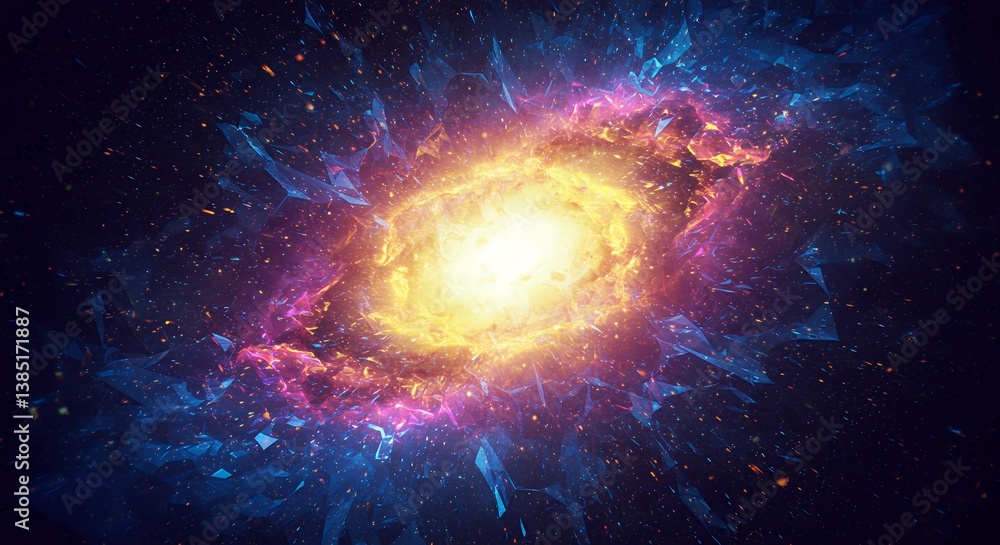 Poster abstract cosmic explosion with glowing energy ring and fragmented shards, creating a powerful burst 