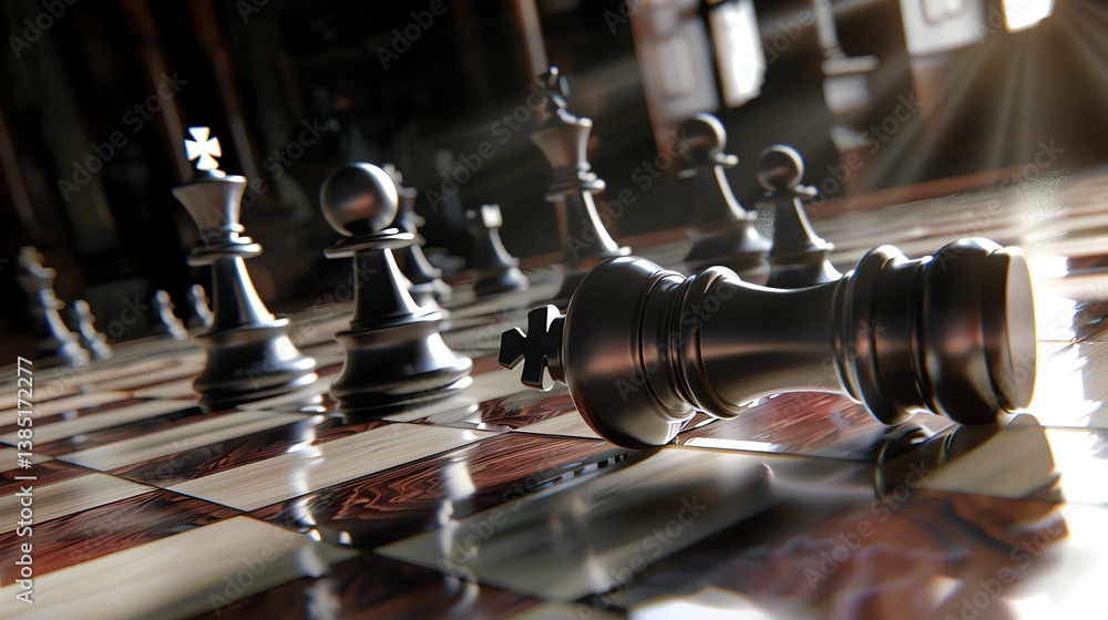 Poster the image is a 3d rendering of a chessboard with the black king lying on its side in the foreground.