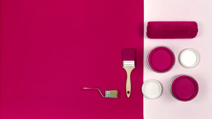 Naklejka premium Vibrant Magenta Paint Supplies Brushes, Rollers, and Paint Cans for DIY Projects