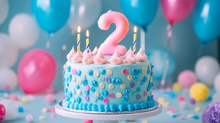Second birthday cake decorated with colorful sprinkles and lit candles