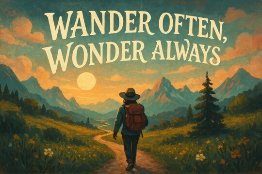 Hiker in mountain landscape at sunset with inspirational quote 'wander often, wonder always'