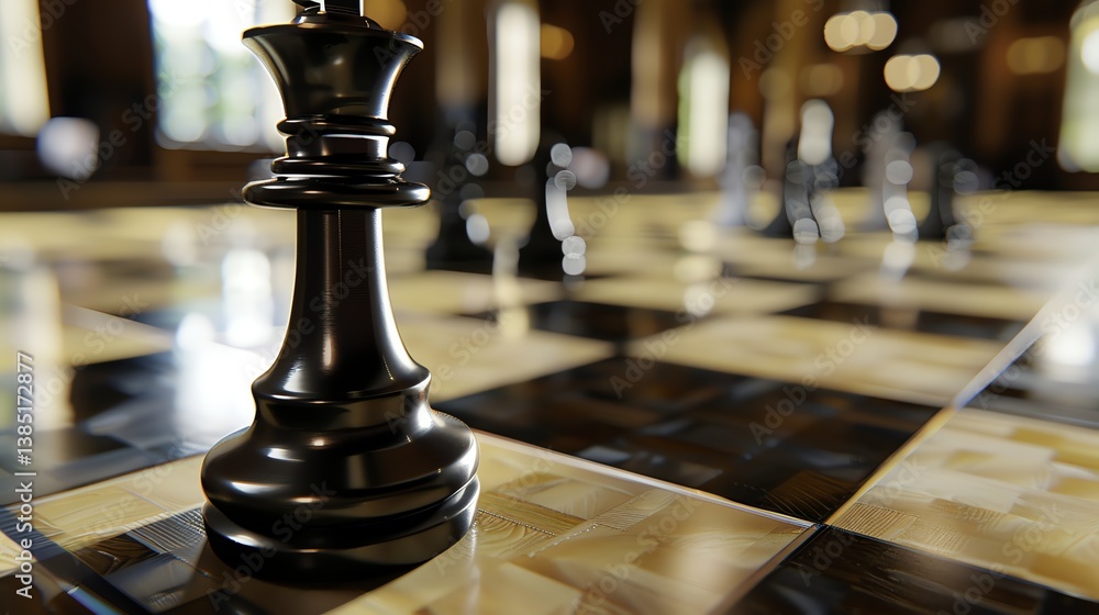 Aufkleber 3d rendering of a chessboard with a black queen in the foreground and blurred chess pieces in the ba