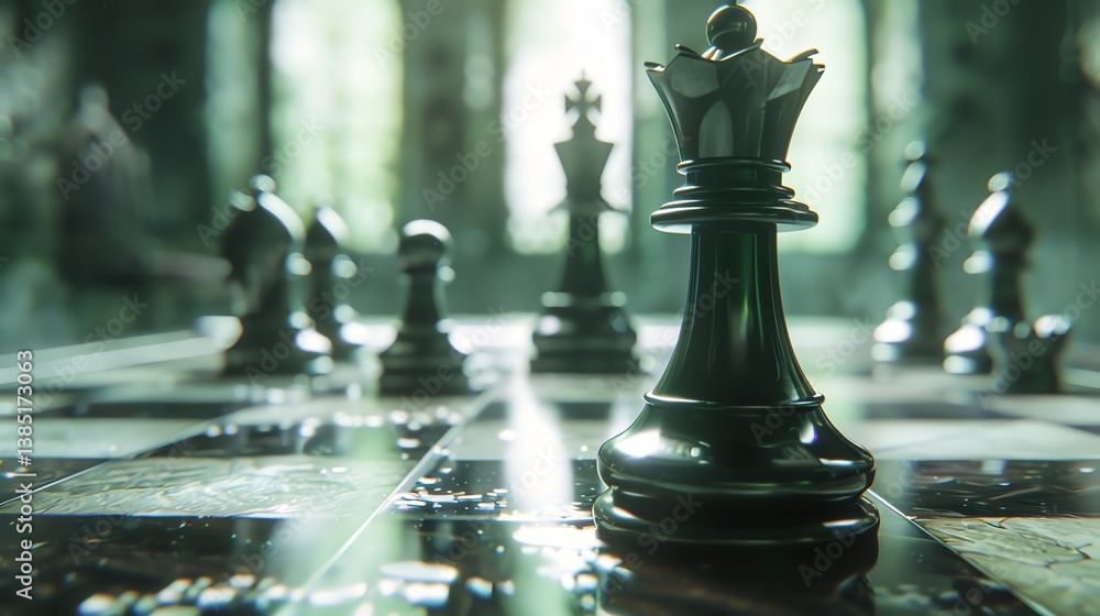 Poster 3d rendering of a chessboard with black and white chess pieces. the focus is on the black queen.
