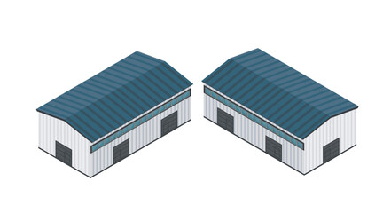 Isometric set of white industrial buildings. Warehouse structures. Factory facilities. Metal and concrete industrial constructions. Commercial storage buildings. Vector illustration isolated on white