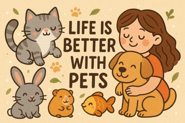 Fototapeta premium Happy child with pets: cat, dog, rabbit, hamster, fish - friendship and joyful companionship