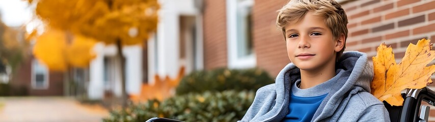 Boy in Wheelchair Autumn Day