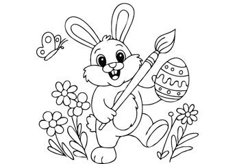 bunny painting easter egg and some flowers, coloring page ready to print on standard 8.5x11 inch paper ai file