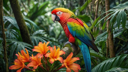 Colorful Parrot Surrounded by Tropical Jungle Flowers in Rainforest, Vibrant Petals and Rich Green Foliage in Exotic Wildlife Setting