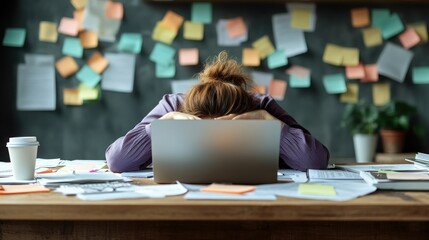 Exhausted Student Slumped Over Laptop, Amidst a Chaos of Papers and Sticky Notes