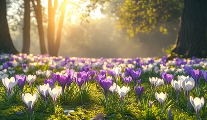 Obraz premium Vibrant meadow filled with purple and white flowers under sunlight, dense forest background, warm and serene atmosphere, golden hour lighting