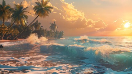Fototapeta premium Amazing sunset over the ocean. The warm colors of the sky and the gentle waves of the sea create a peaceful and relaxing scene.