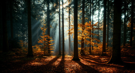 autumn forest with dim leaves, sunbeams piercing through the trees