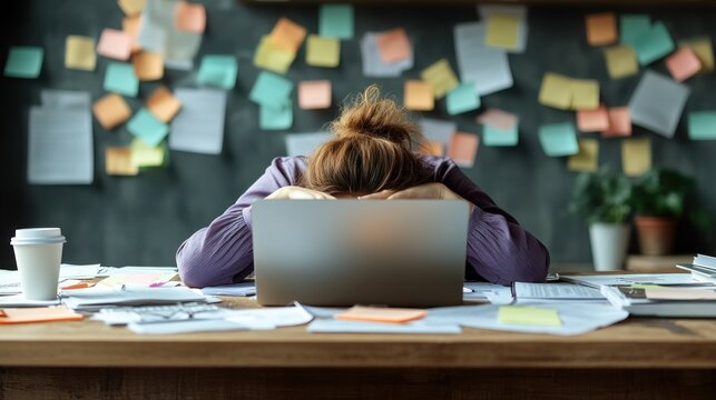 Exhausted Student Slumped Over Laptop, Amidst a Chaos of Papers and Sticky Notes