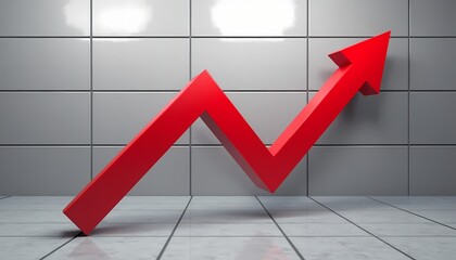 Red arrow pointing up in modern office environment  