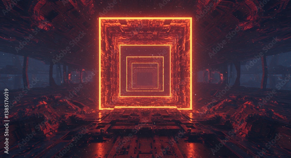 Poster abstract futuristic tunnel with glowing orange square frames leading to an unknown destination, a sc