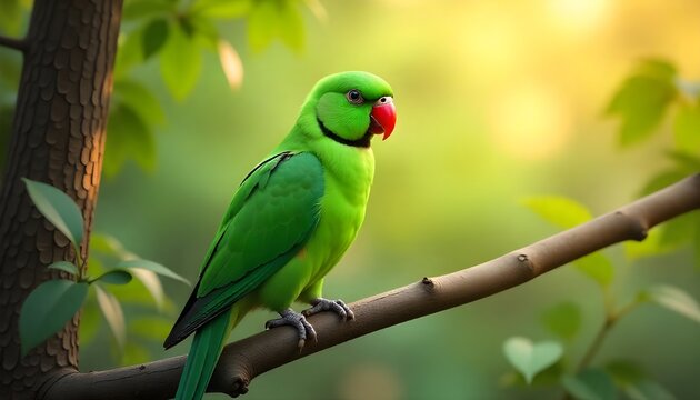 Affectionate parakeets in rural India at sunset, surrounded by soft blooms and countryside charm