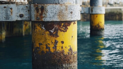 Rusted pilings of a weathered pier extending into calm water.