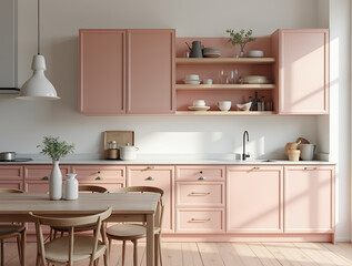 Pink kitchen cabinets and wooden shelf. Scandinavian modern interior design of kitchen with island, dining table and chairs. 