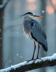 Grey Heron in a Winter Landscape: Perched on a Snow-Covered Branch.