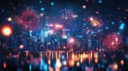 Obraz premium Cityscape Fireworks Night Celebration, Bokeh, New Year