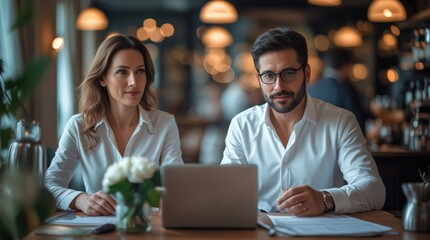 Mujer y hombre de negocios delante de un ordenador portátil revisando las cuentas de su negocio. Negocio de hostelería. 