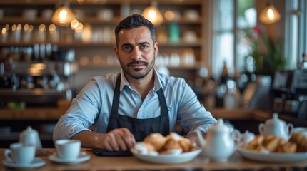 Hombre con camisa y davantal delante de una mesa con platos y tazas. Negocio de restauración. 