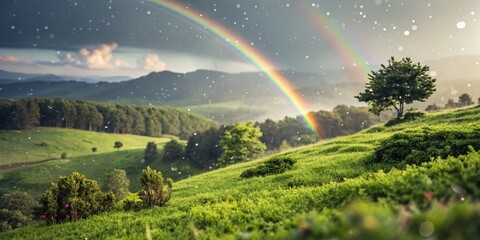 Obraz premium Dreamy Bokeh Rainbow Landscape - Magical Fairy Tale Setting