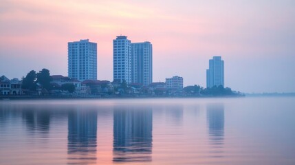 Fototapeta premium Cityscape sunrise reflection, misty river, Asian architecture, calm