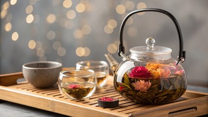 Fototapeta premium a traditional Chinese tea pot with an inviting green tea and colorful flower tea leaves