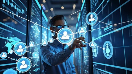Futuristic digital network interface with holographic user profiles and connections in blue tech environment with man interacting on touchscreen - Powered by Adobe