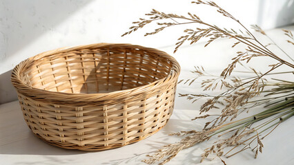 Obraz premium Round Woven Basket, Natural Rattan Storage Container, Home Decor