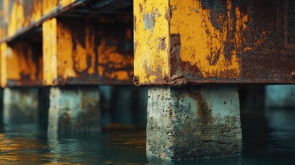 Rusted pilings of a weathered pier extending into calm water.