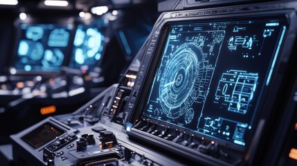 Fototapeta premium Spaceship bridge console displays navigation data, futuristic control panel