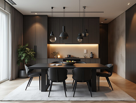 Minimalist, japandi style interior design of modern living room. Black dining table and chairs set in stylish room. 