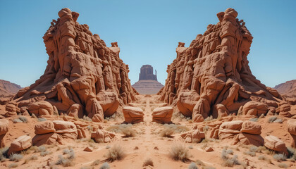 Fototapeta premium Navigating Desert Landscape Between Red Rock Formations Under a Clear Sky