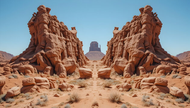 Navigating Desert Landscape Between Red Rock Formations Under a Clear Sky