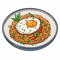 Create a bold vector illustration of a plate of Nasi Goreng, emphasizing texture and vibrant colors.  Include details like the fried rice, garnishes, and perhaps a chili.