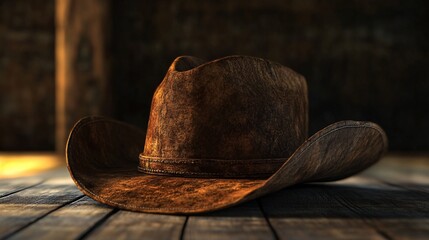 Worn leather cowboy hat resting on a wooden table