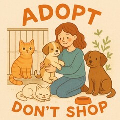 Obraz premium Adopt don't shop: woman with cats and dogs encouraging pet adoption