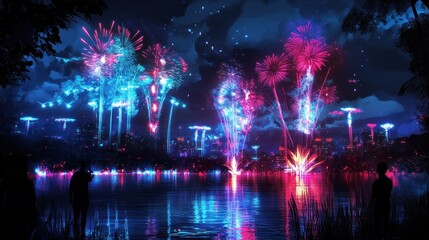 Obraz premium Futuristic Fireworks Night Lake Cityscape Celebration
