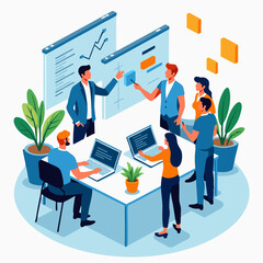 Flat vector illustration of a business team with two people on laptops and one person presenting charts. Ideal for office work, teamwork, digital marketing, and project planning visuals.