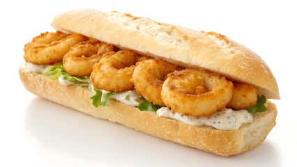 Crispy Calamari Sandwich with Tartar Sauce on Crusty Baguette