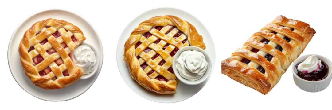 Three goldencrusted berry pies with lattice tops.